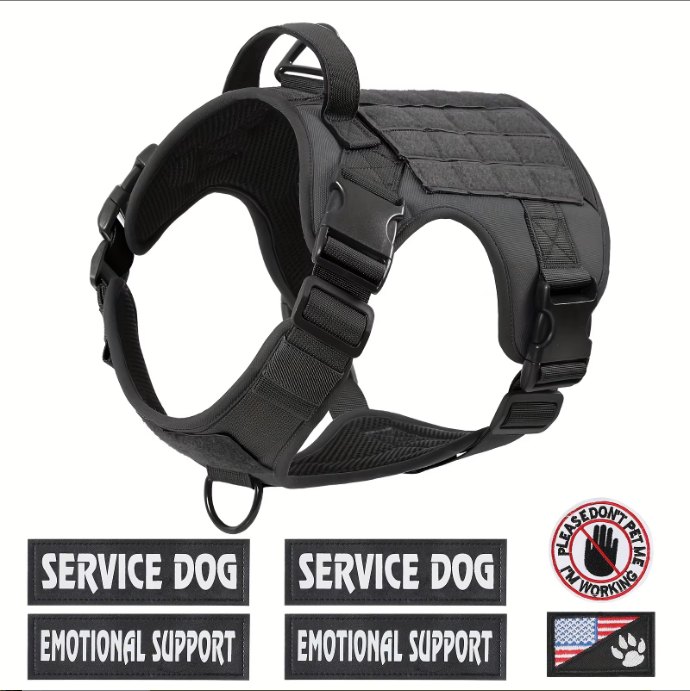 Black tactical MOLLE dog harness with a top handle