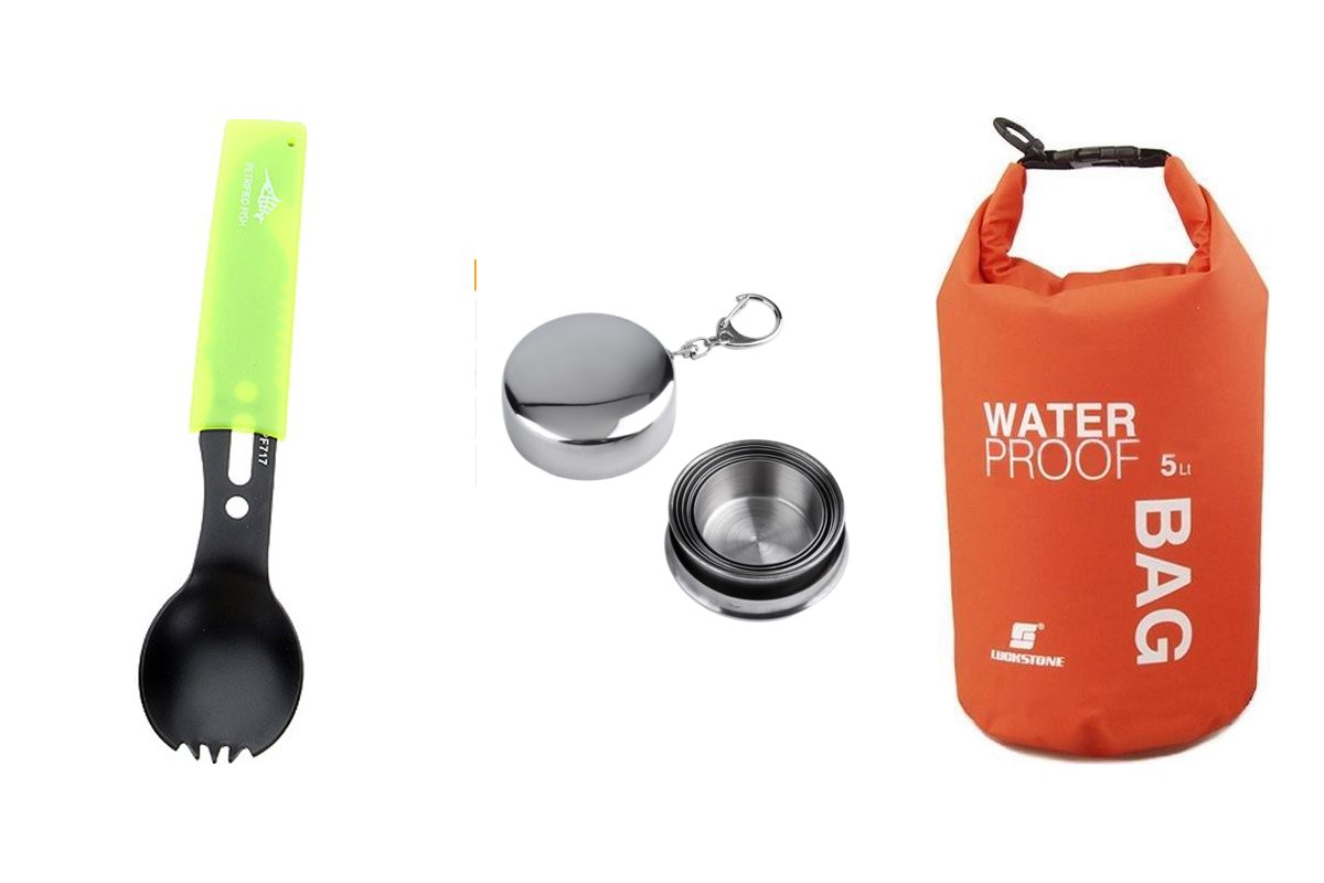 Spork tool, collapsible steel cup and orange 5L dry bag