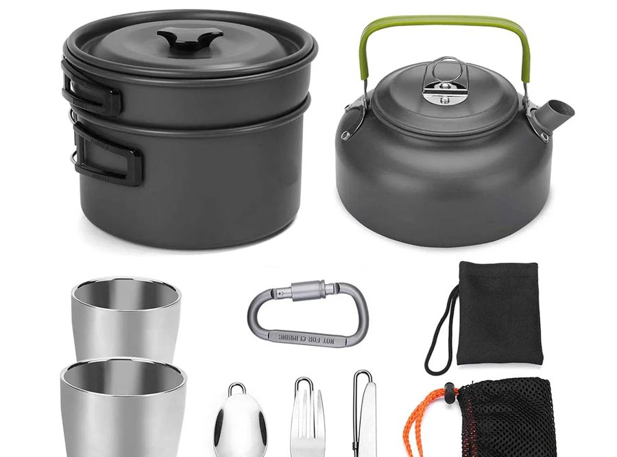 Anodized aluminum pot, kettle, cups and folding utensils