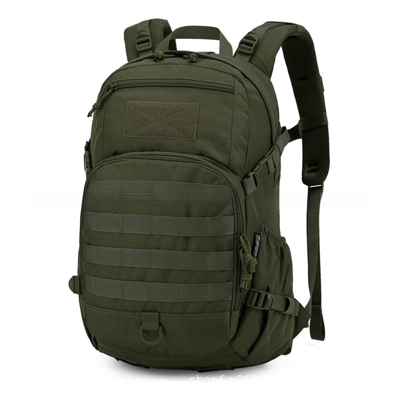 Army green 25L assault-style day pack with MOLLE webbing
