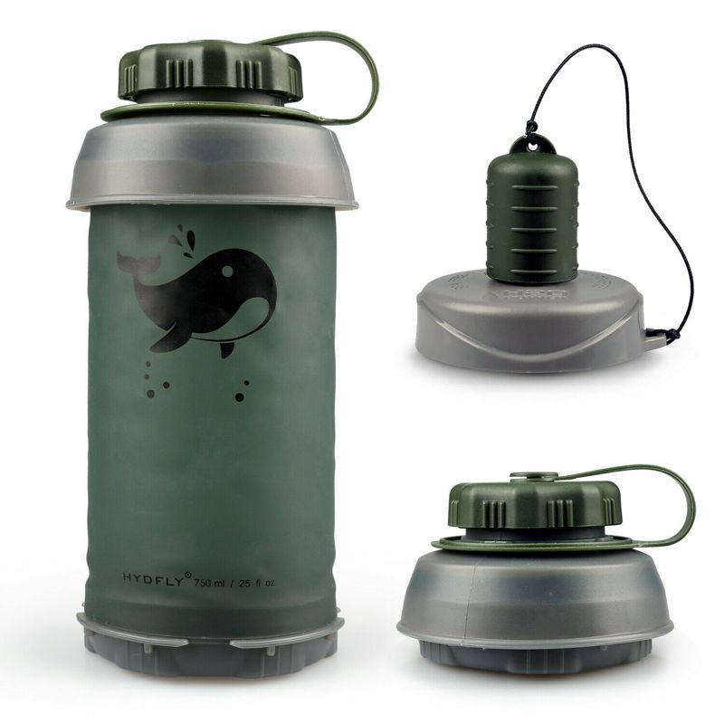 Collapsible water filter bottle shown open and folded