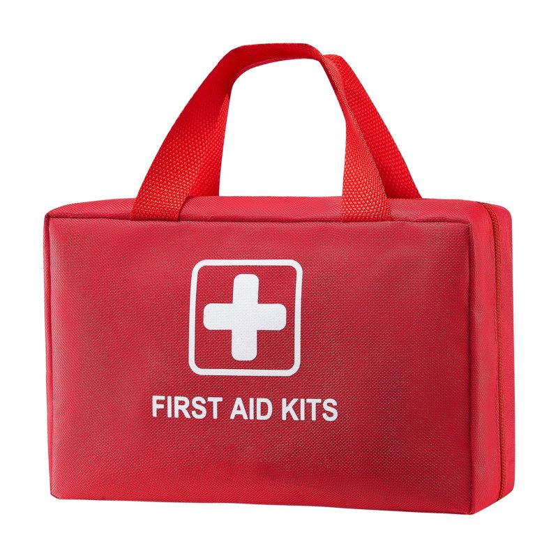 Red first aid kit bag with carry handles