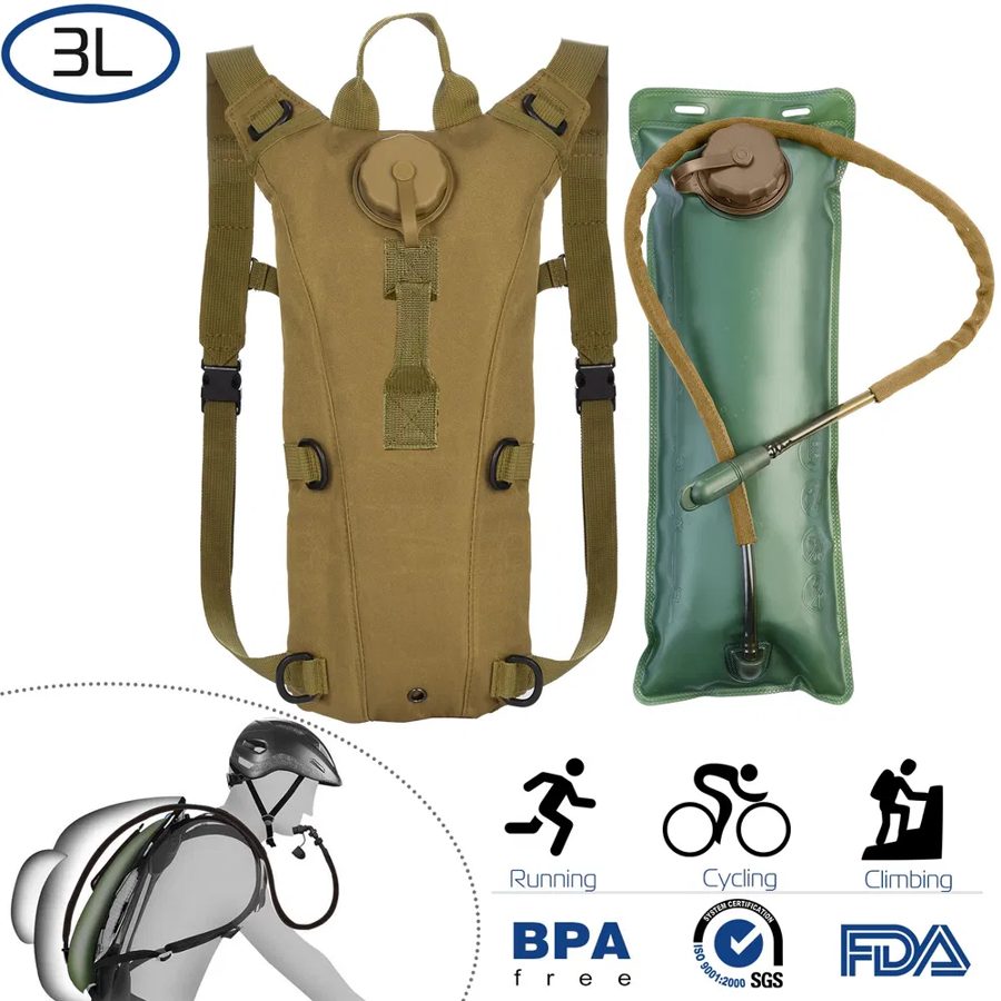 Khaki tactical hydration pack with its 3L water bladder