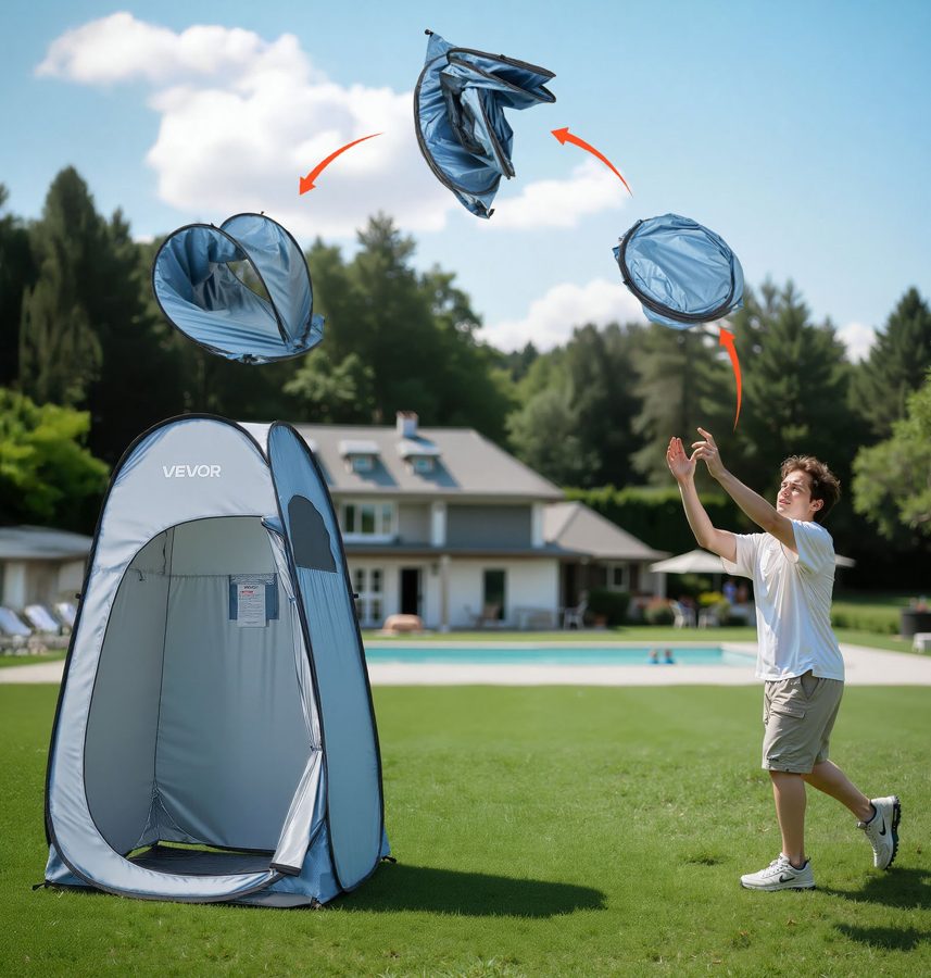 Pop-up privacy tent set up on a lawn