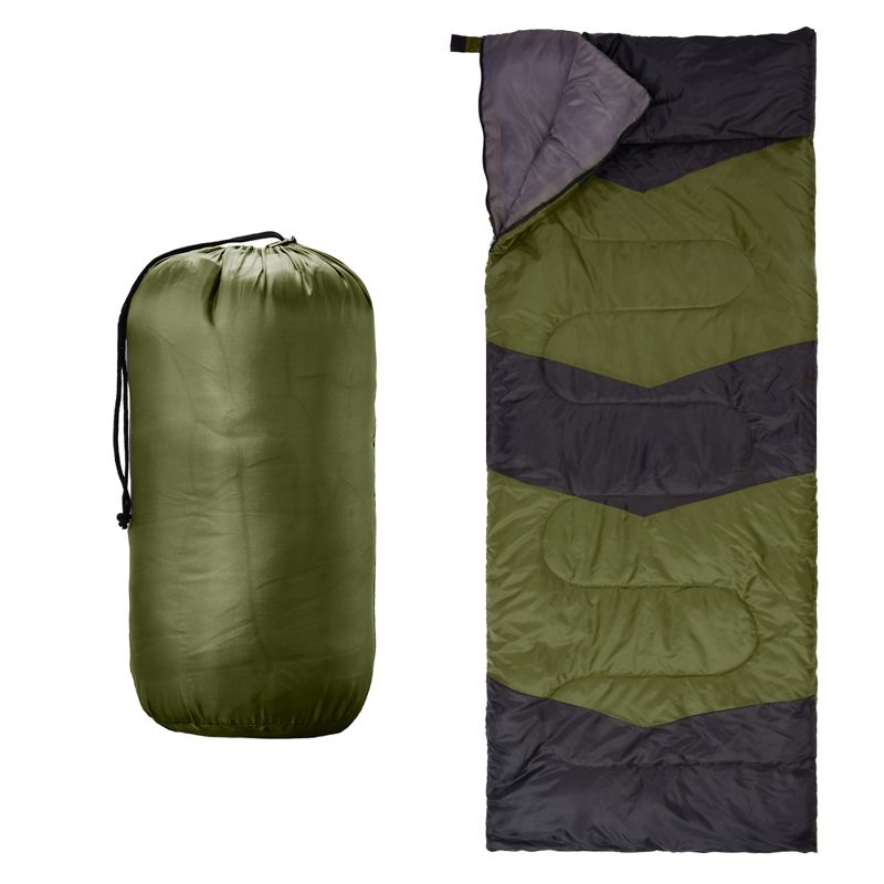 Olive green envelope sleeping bag next to its stuff sack