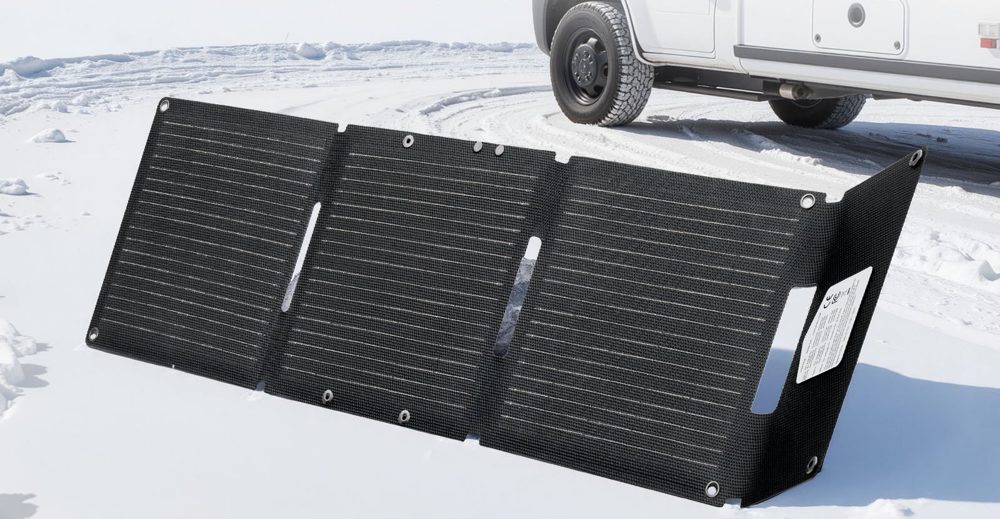 30W folding solar panel set up on snowy ground
