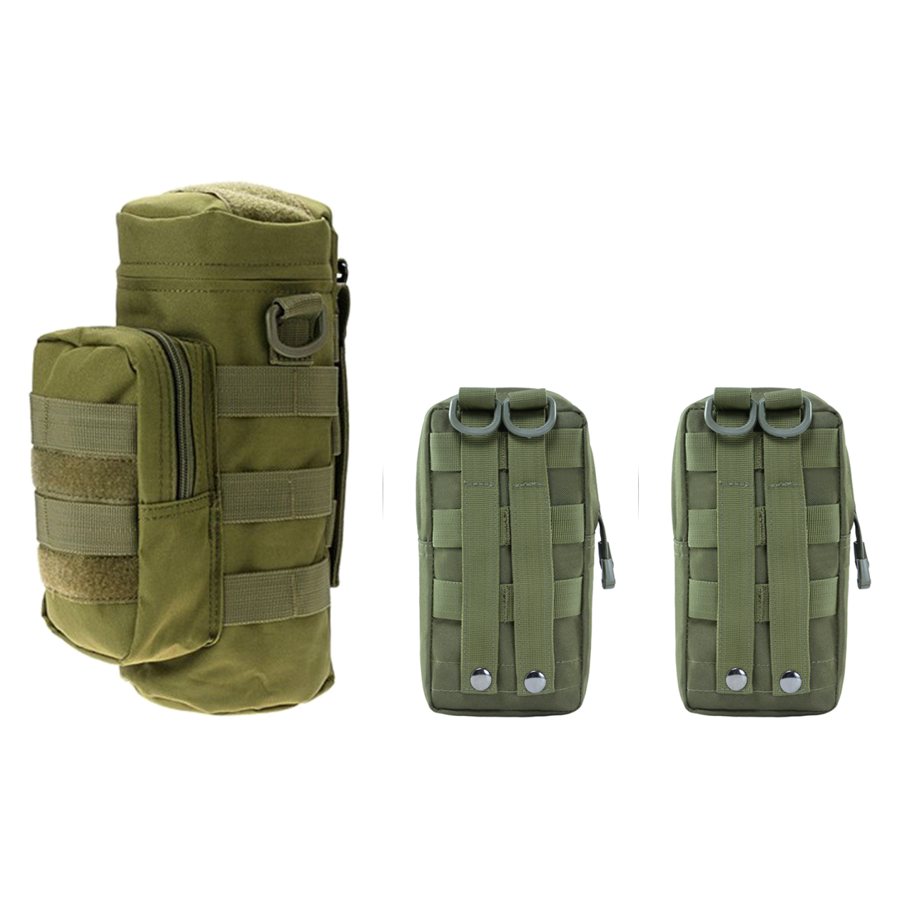 Army green MOLLE water bottle pouch and two utility pouches