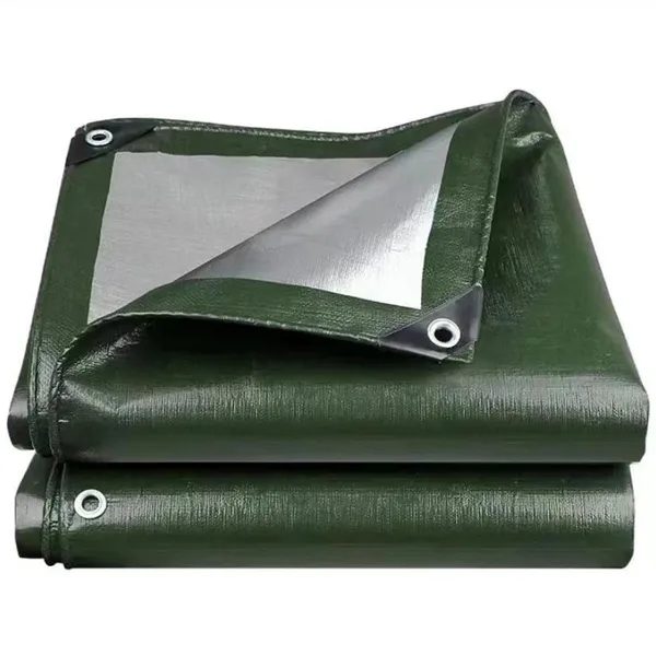 Folded green and silver heavy-duty tarp