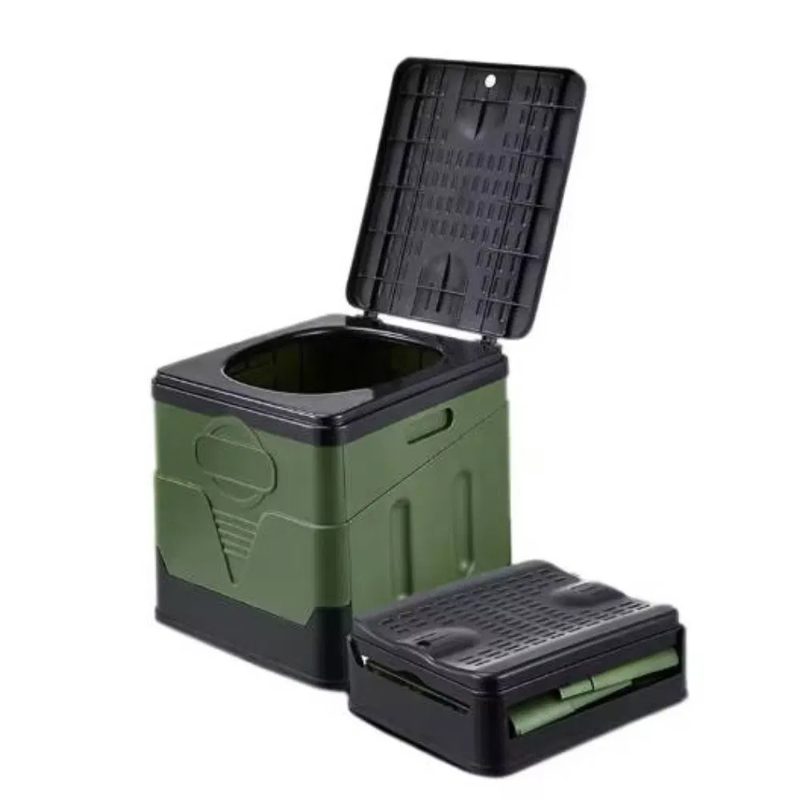 Army green folding camp toilet with lid open